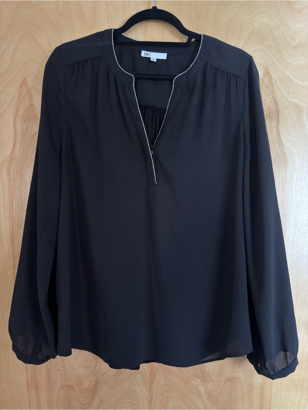 DR2 Black Long-Sleeve Split-Neck Blouse with Trim